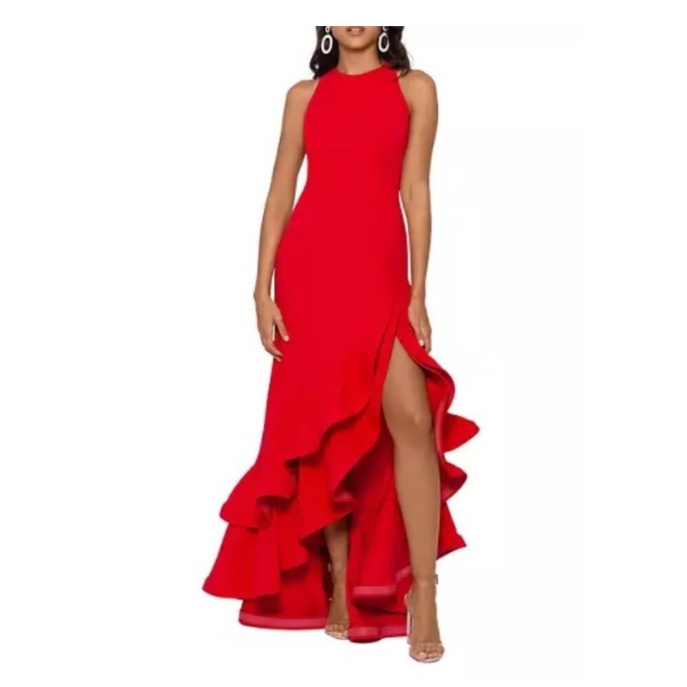 Betsy & Adam Halter Neck Ruffle Tier Scuba Crepe Gown